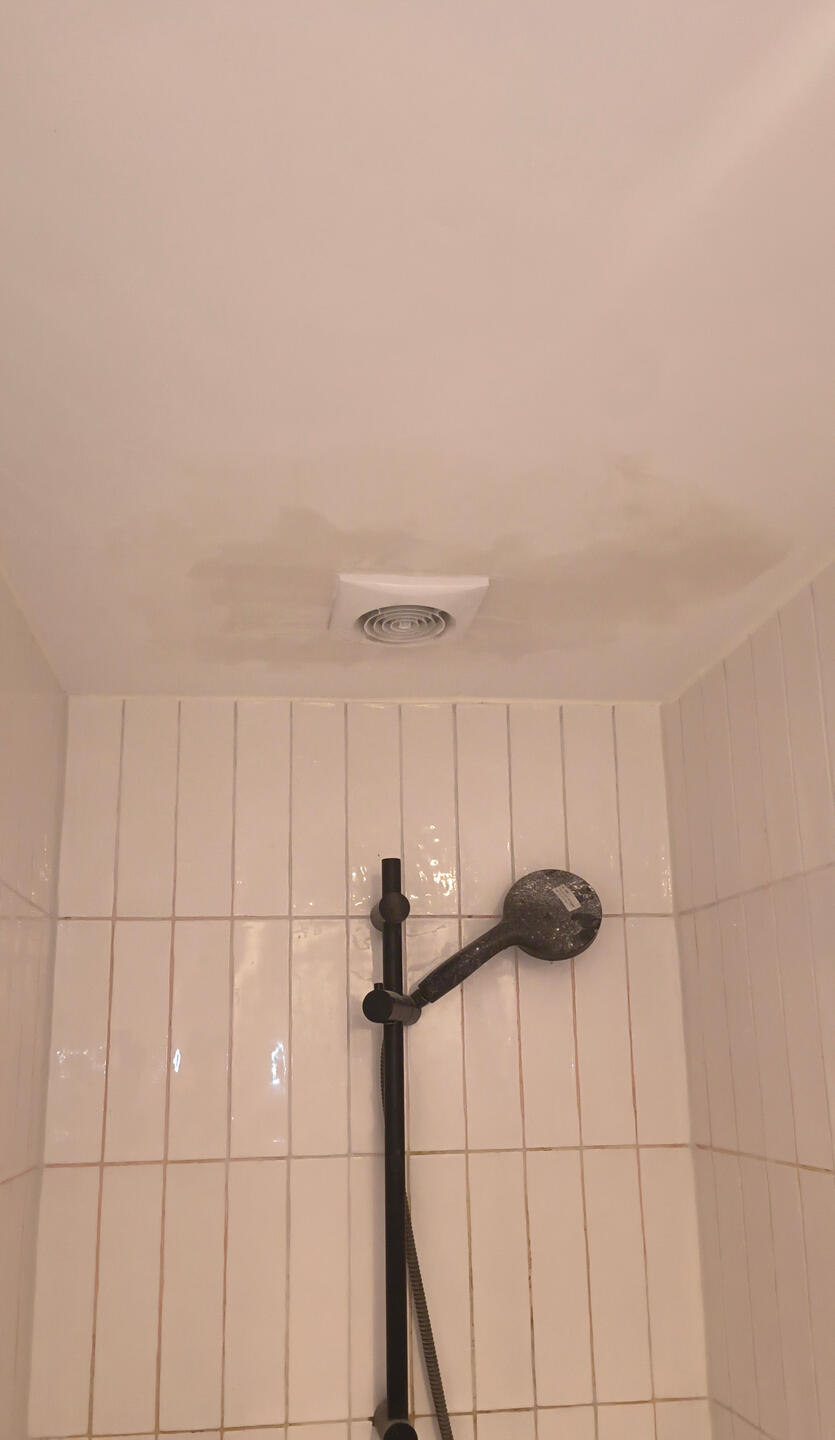 Situatie na: na onderzoek bleek dat ventilatiebuis los lag in de tussenruimte tussen plafond en dak. Buis opnieuw vastgezet aan ventilatieschacht, rachelwerk gemaakt voor ventilator en stucwerk opnieuw gedaan. Situatie na: na onderzoek bleek dat ventilatiebuis los lag in de tussenruimte tussen plafond en dak. Buis opnieuw vastgezet aan ventilatieschacht, rachelwerk gemaakt voor ventilator en stucwerk opnieuw gedaan.